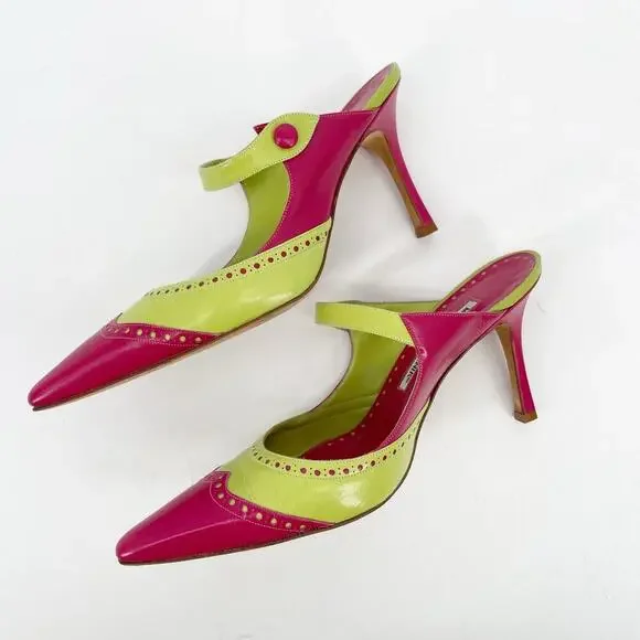Manolo Blahnik Vintage Lime Pink Wingtip Mary Jane Pointed Toe Mule Heel IT 37 - Picture 4 of 11